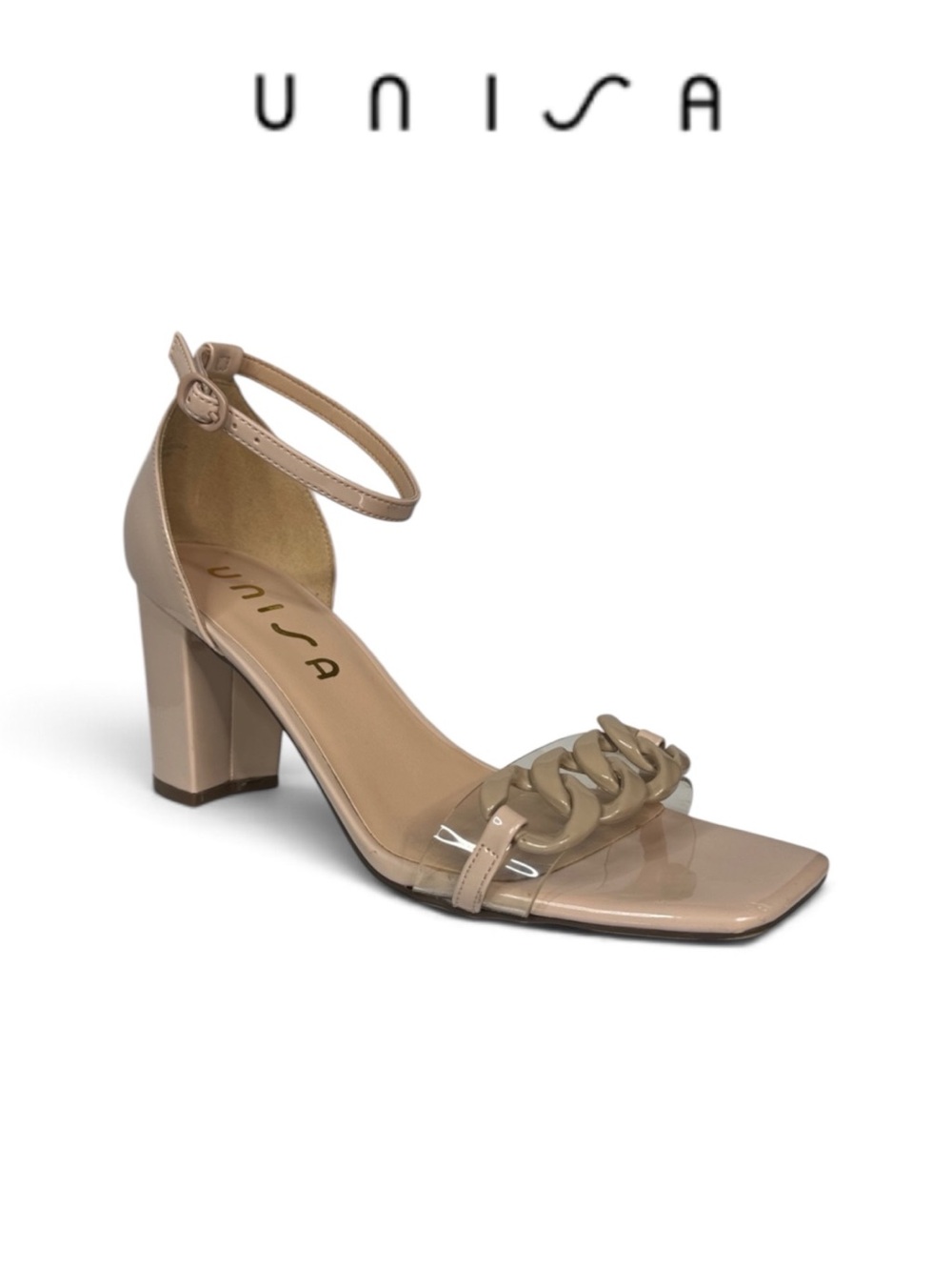 UNISA DENNY2 NUDE PATENT CHAIN DETAIL STRAP BLOCK HEELED SANDALS SIZE 9